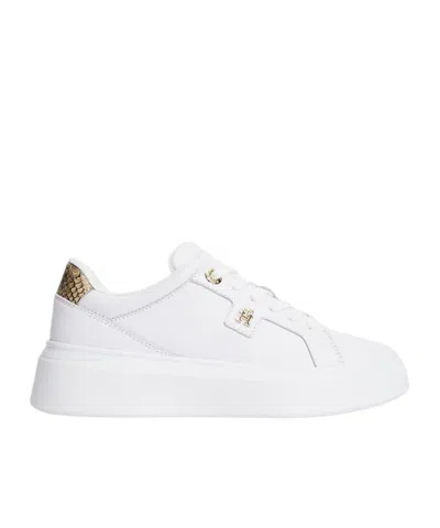Tommy Hilfiger Snake Print Heel Leather Platform Trainers In White