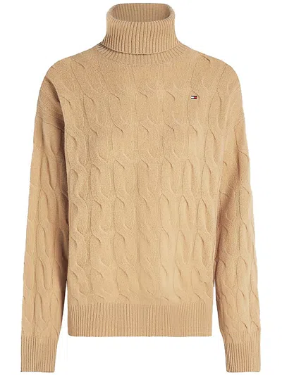 Tommy Hilfiger Soft Wool Cable Roll-neck Sweater Clothing In Brown