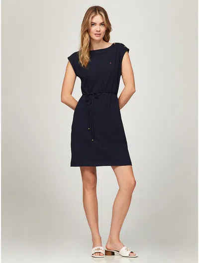Tommy Hilfiger Solid Belted Stretch Cotton Dress In Navy