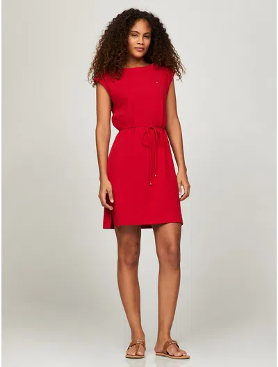 Tommy Hilfiger Solid Belted Stretch Cotton Dress In Primary Red