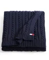 Tommy Hilfiger Solid Cotton Cable Knit Throw Blanket, 70" X 50" In Blue
