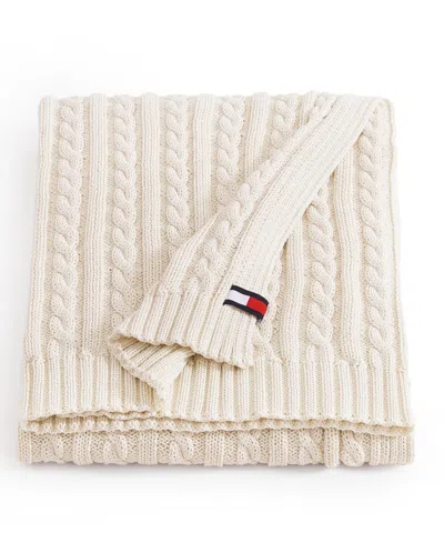 Tommy Hilfiger Solid Cotton Cable Knit Throw Blanket, 70" X 50" In Neutral