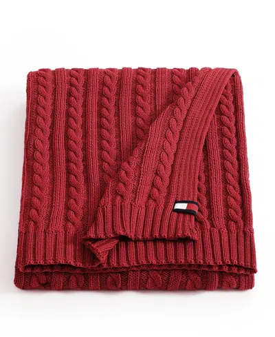 Tommy Hilfiger Solid Cotton Cable Knit Throw Blanket, 70" X 50" In Red