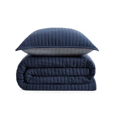 Tommy Hilfiger Solid/gardena Check Blue Reversible Quilt Set In Blue;navy