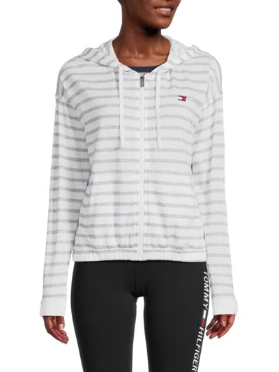 Tommy Hilfiger Sport Women's Stripe Zip Hoodie In White Grey