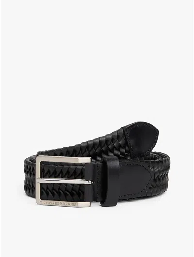 Tommy Hilfiger Square Buckle Woven Leather Belt In Black