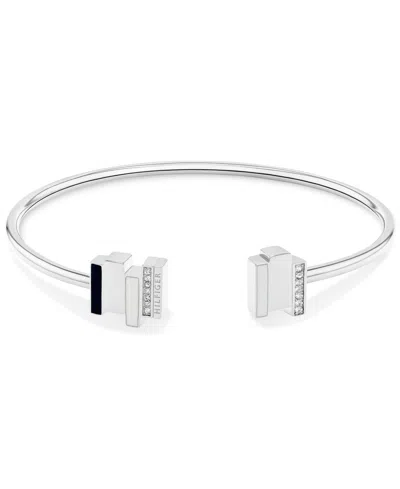 Tommy Hilfiger Stainless Steel Pave & Jet Zig Zag Cuff Bracelet In Silver
