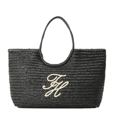 Tommy Hilfiger Straw Woven Large Tote Bag In Black
