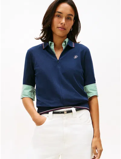 Tommy Hilfiger Stretch Pique Zip Polo In Blue