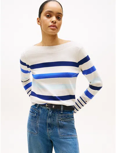 Tommy Hilfiger Stripe Boatneck Sweater In White