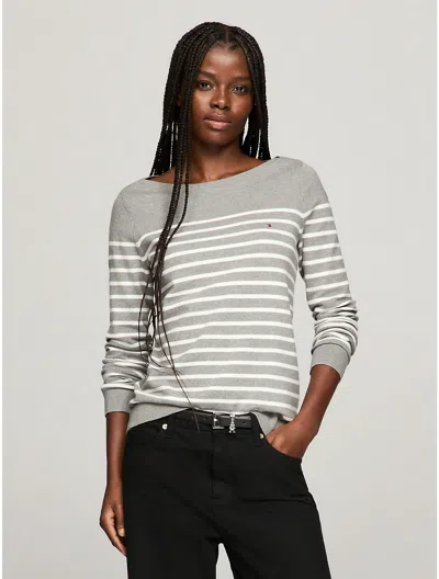 Tommy Hilfiger Stripe Boatneck Sweater In Grey Heather Multi