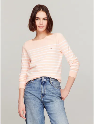 Tommy Hilfiger Stripe Boatneck Sweater In Tangerine Buzz Multi
