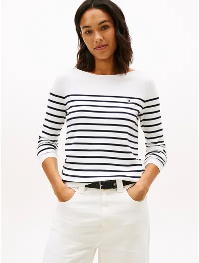 Tommy Hilfiger Stripe Boatneck Sweater In White