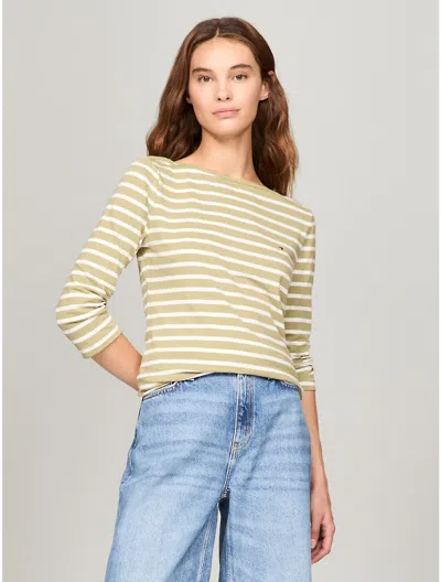 Tommy Hilfiger Stripe Boatneck Top In Faded Olive Multi