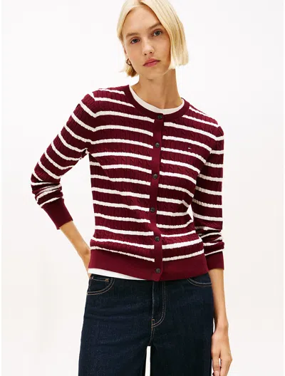 Tommy Hilfiger Stripe Cable Knit Cardigan In Burgundy
