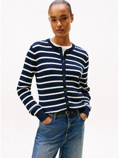 Tommy Hilfiger Stripe Cable Knit Cardigan In Blue