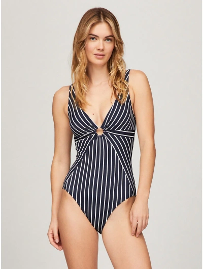 Tommy Hilfiger Stripe Center Ring Swimsuit In Sky Captain
