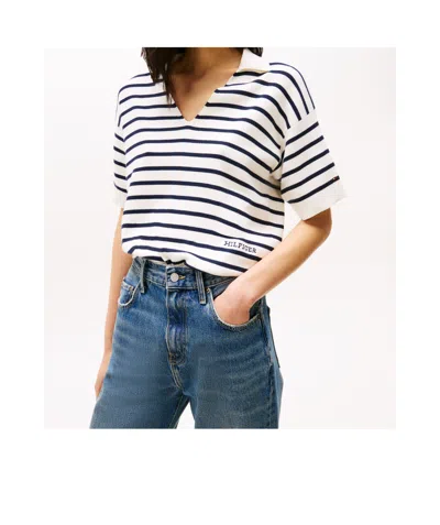Tommy Hilfiger Stripe Short Sleeve Polo Jumper In Ivory Petal Color/dark Navy Blue
