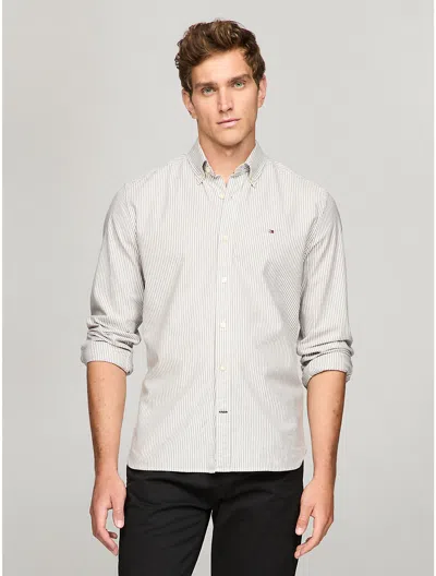 Tommy Hilfiger Stripe Stretch Regular Fit Oxford Shirt In Army Green/optic White