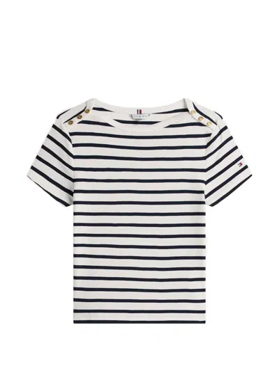 Tommy Hilfiger Striped Button-detail T-shirt In White