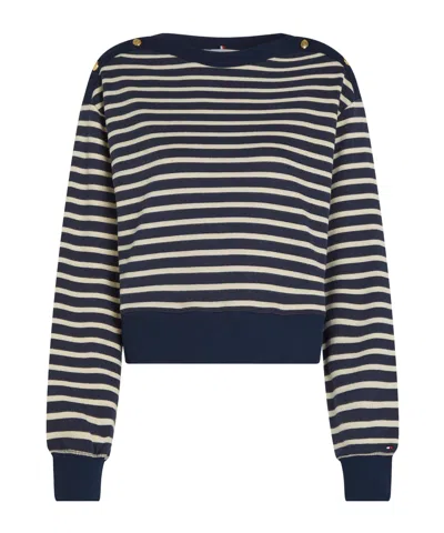 Tommy Hilfiger Striped Cropped Crewneck Sweatshirt In Black