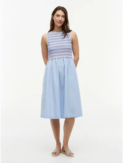 Tommy Hilfiger Striped Shirred Poplin Midi Dress In Blue