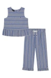 Tommy Hilfiger Baby Girls 2-piece Yarn-dyed Woven Ruffled Top And Pants Set In Blue