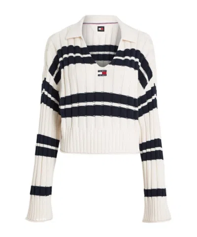 Tommy Hilfiger Striped V-neck Short Sweater In White