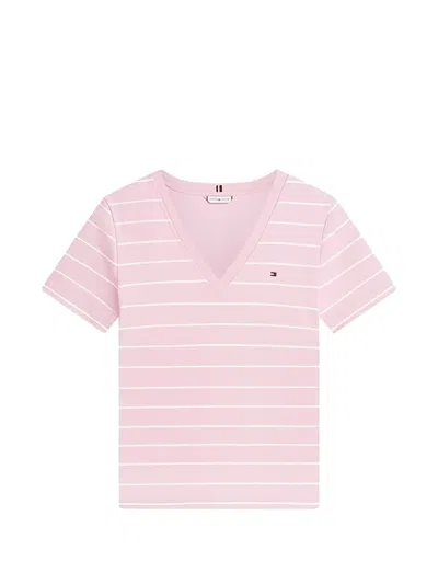 Tommy Hilfiger Striped-pattern V-neck T-shirt In Pink