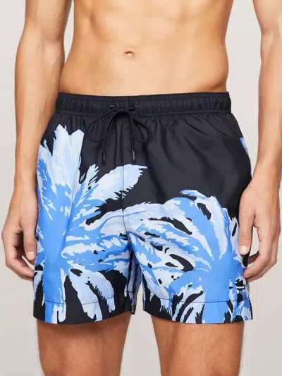Tommy Hilfiger Swim Trunks Men Navy Tropical Print Drawstring Waist Fts940 In Blue