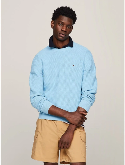 Tommy Hilfiger Textured Knit Crewneck Sweater In Breezy Blue/ivory Petal Mouline