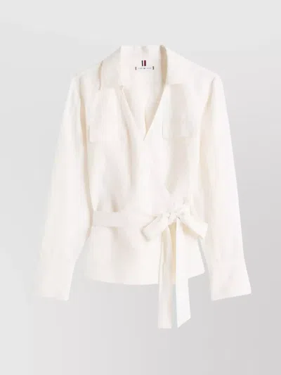 TOMMY HILFIGER TEXTURED LINEN WRAP BLOUSE WITH BELTED WAIST