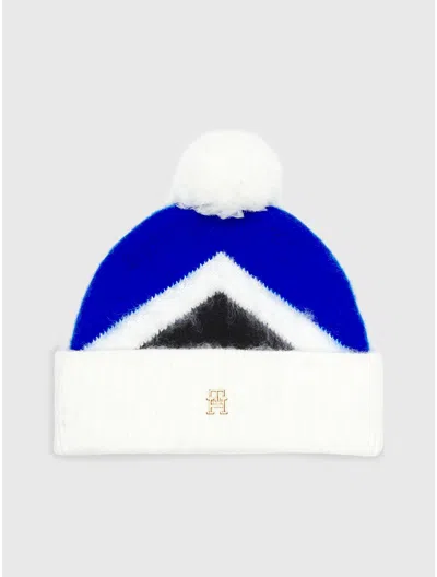 Tommy Hilfiger Th Logo Argyle Pom Beanie In Blue Argyle