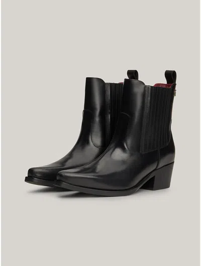 Tommy Hilfiger Th Logo Leather Cowboy Boot In Black