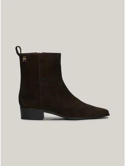 Tommy Hilfiger Th Monogram Suede Cowboy Ankle Boot In Dark Coffee