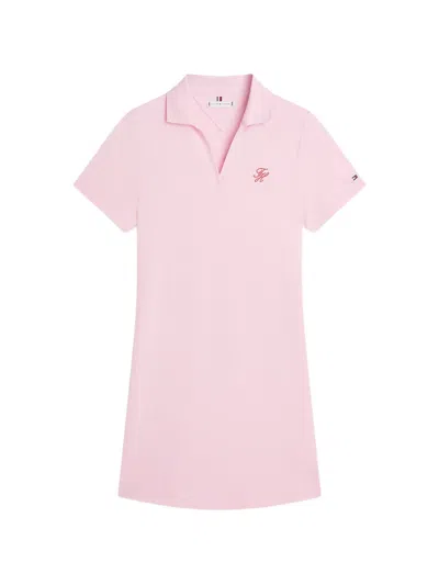 Tommy Hilfiger Th Script Open-neck Polo Mini Dress In Pink