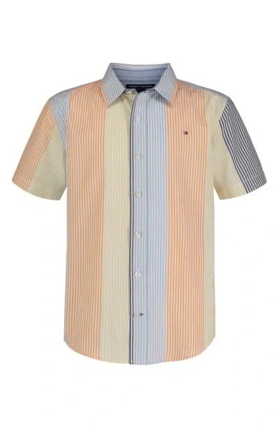 Tommy Hilfiger Kids' The Bright Stripe Short Sleeve Button-up Shirt In Chambray Blue