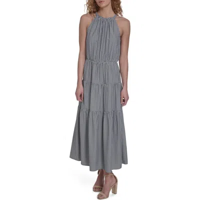 Tommy Hilfiger Tie Neck Tiered Maxi Dress In Gray