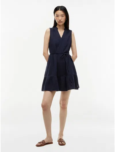 Tommy Hilfiger Tiered Cotton Gauze Mini Dress In Blue
