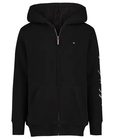 Tommy Hilfiger Kids' Toddler And Little Boys Tommy Script Zip Front Sherpa Hoodie In Black