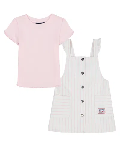 Tommy Hilfiger Kids' Toddler And Little Girls 2-piece Ribbed T-shirt And Striped Denim Jumper Set In Blushing Bride Stripe,blushing Bride
