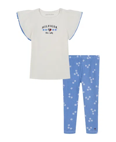 Tommy Hilfiger Kids' Toddler And Little Girls 2-piece Slub Jersey Cinched Tunic And Printed Leggings Set In Egret,ultramarine Print