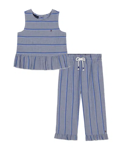 Tommy Hilfiger Kids' Toddler And Little Girls 2-piece Yarn-dyed Woven Ruffled Pants Set In Blue Stripe