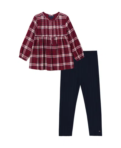 Tommy Hilfiger Kids' Toddler And Little Girls Plaid Empire Tunic And Ribbed Leggings, 2-piece Set In Jester Red Plaid,navy Blazer