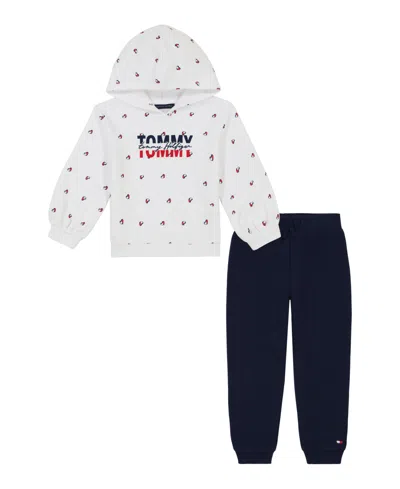 Tommy Hilfiger Kids' Toddler And Little Girls Printed Fleece Hoodie And Solid Jogger, 2 Piece Set In White Multi