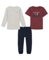 Tommy Hilfiger Toddler Boy Long Sleeve Heather Thermal Short Sleeve Logo Tee And Twill Joggers, 3-piece Set In Cabernet,tan Heather,navy Blazer