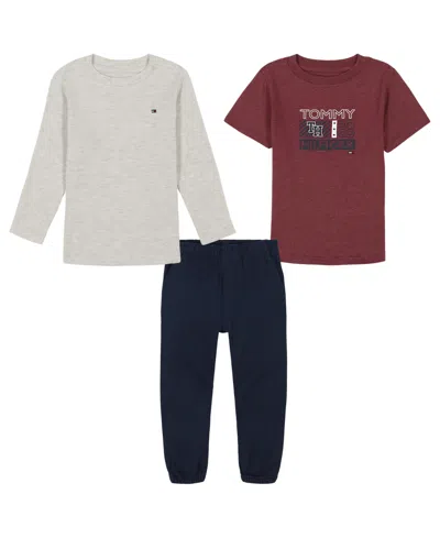 Tommy Hilfiger Babies' Toddler Boy Long Sleeve Heather Thermal Short Sleeve Logo Tee And Twill Joggers, 3-piece Set In Cabernet,tan Heather,navy Blazer