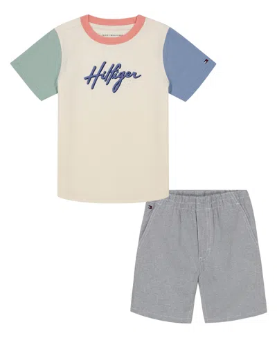Tommy Hilfiger Kids' Toddler Boy Short Sleeve Soft Colorblock Logo Tee Printed Shorts Set In Multi