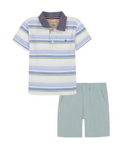 Tommy Hilfiger Babies' Toddler Boys 2-piece Multi Stripe Polo Shirt And Twill Shorts Sets In Stripe,cloud Blue