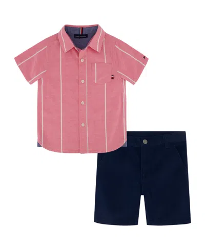 Tommy Hilfiger Babies' Toddler Boys 2-piece Short Sleeve Jacquard Denim Shirt And Twill Shorts Set In Pink,navy Blazer